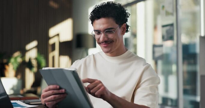 Smile, man and laptop with tablet in office for reading data report, compare live metrics or update. Analyst, person or happy with tech at desk for database management, monitor KPI or problem solving