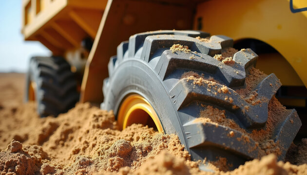 Yellow heavy construction machine tire deep in sandy soil with visible robust tread patterns. The vehicle is partially submerged in dirt suggesting difficult terrain or recent excavation work.