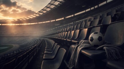 Fototapeta premium Empty stadium seats with football on a blanket at sunset, global sports competition