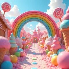 Fototapeta premium Pink candy land pathway leads to fairytale castle under bright rainbow arch. Cones with ice cream and lollipops line route. Sweet dessert fantasy world.