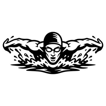 Bold Black and White Swimming Athlete Vector Illustration with Thick Outline Freestyle Swimmer Isolated on White Background for Sports and Fitness Design