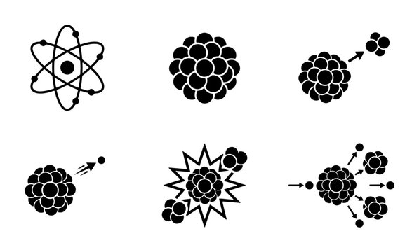Atomic Structure, Nuclear Fission, and Energy Release Icons: Science and Physics Vector Set