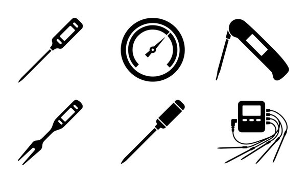 Digital Thermometer Icons, Meat Thermometer, Gauge, Cooking Tools, Vector Set