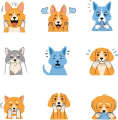 Fototapeta premium Set of Cute Dog Emoji-Style Vector Illustrations Including Different Breeds Expressing Emotions and Gestures for Pets, Animals, Communication, Social Media, and Digital Design Projects