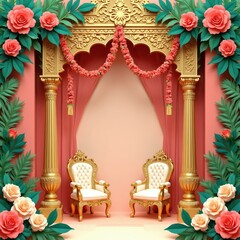 Obraz premium Ornate golden archway with floral garlands, green plants frames elegant white chairs. Scene suggests lavish wedding celebratory event setup. Perfect for creating romantic atmosphere.