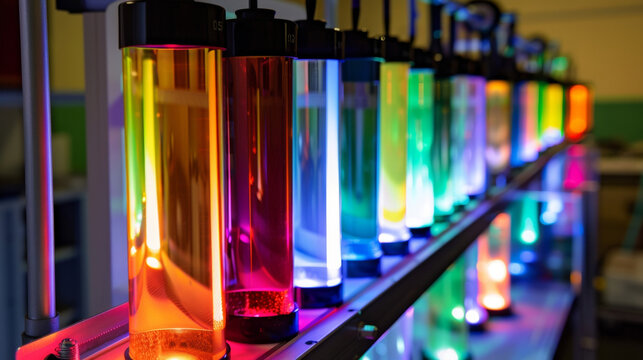 In a controlled environment a series of luminescent solar concentrators of different designs are lined up for comparative testing displaying varying hues and intensities.