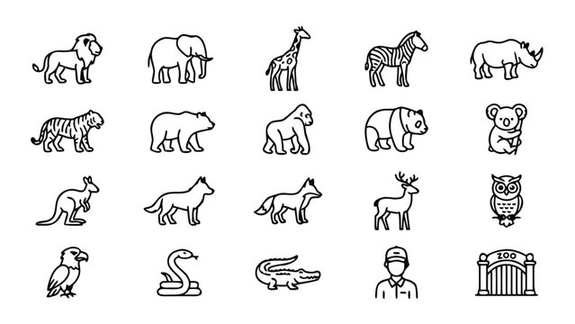 Set of 20 Minimalist Wild Animal and Zoo Line Icons Featuring Lion, Elephant, Giraffe, Zebra, Rhino, Tiger, Bear, Gorilla, Panda, Koala, Kangaroo, Wolf, Fox, Deer, Owl, Eagle, Snake, and Crocodile.