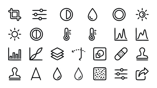 Comprehensive Vector Line Icon Set of Photo Editing Tools for Photography Apps and Graphic Design Software Including Crop, Exposure, Layers, Retouching, Filters, Export, Brightness, and Contrast.