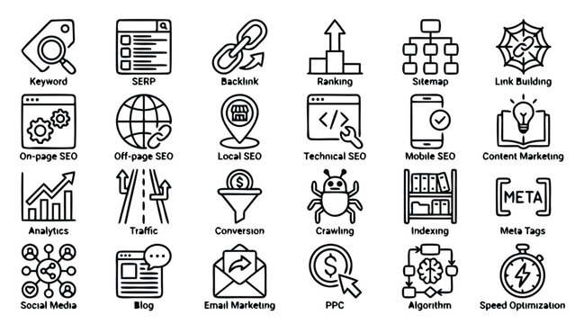 Comprehensive SEO and Digital Marketing Line Icon Set Featuring 24 Unique Vector Symbols for Search Engine Optimization, Keywords, Backlinks, Ranking, Analytics, Traffic, and Content Strategy.