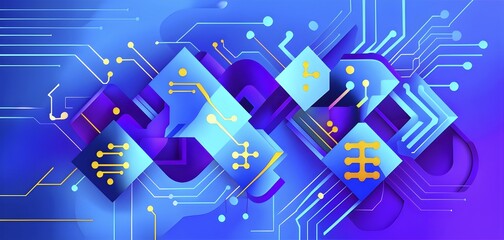 Naklejka premium Interlocking geometric shapes that morph into circuits, symbolizing AI logic and algorithms, vibrant blue, purple and yellow hues, AI generated