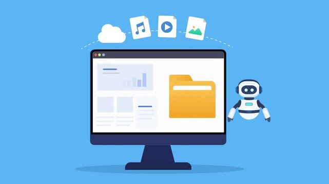 Animated flat dashboard interface with file management elements, cloud media icons, desktop screen, and a friendly robot assistant in a modern technology scene.