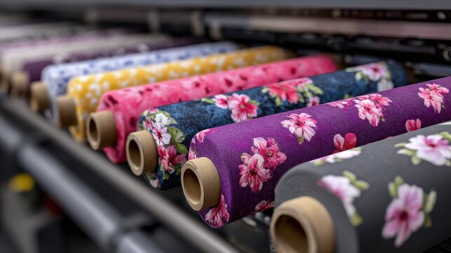 Colorful rolls of fabric with floral patterns arranged on a printing machine display for textile production and design projects, showcasing vibrant designs and textures