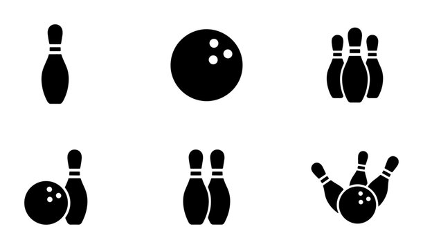 Bowling Pins and Ball Icons, Sport Game Vector Graphics, Recreation Activity Symbols