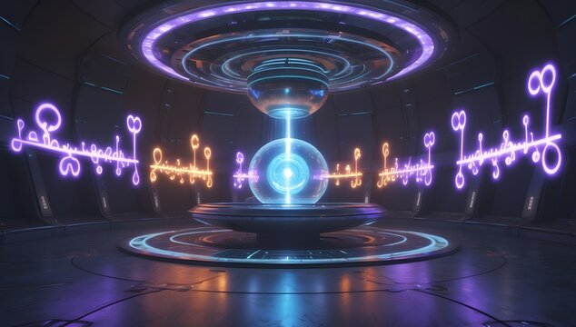 Produce an ultra-realistic alien diplomatic chamber where levitating circuit orbs synchronize plasma harmonics around a singularity core projecting universal language symbols in glowing air