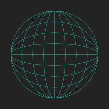 Neon cyan digital wireframe globe sphere grid geometric lines on dark background representing global network technology illustration