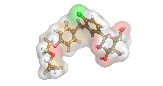Bexagliflozin, drug/SGLT2 inhibitor for type 2 diabetes, 3D molecule 4K