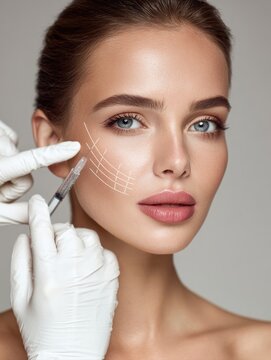 Beautiful young woman getting anti aging cosmetic injection in cheek skin lifting procedure beauty treatment in salon professional dermatologist doctor injecting dermal filler line guidelines
