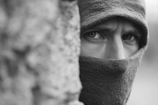 Eine vermummte Person schaut mit intensivem Blick hinter einer Mauer und beobachtet eine Situation, Symbolbild f&uuml;r Einbrecher, Gangster, Krimineller, Kriminalit&auml;t, Verbrecher, Dieb, bedrohliche und be&auml;ngstigende Stimmung, AI generiert, AI generated