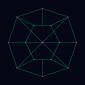 Symmetrical geometric plexus network with connected nodes and cyan lines on dark background technology illustration