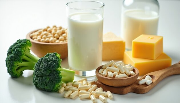 Glass of milk, cheese blocks, broccoli, soybeans, and calcium pills on white surface. Nutrient-rich foods and supplements for strong bones. Healthy eating concept.