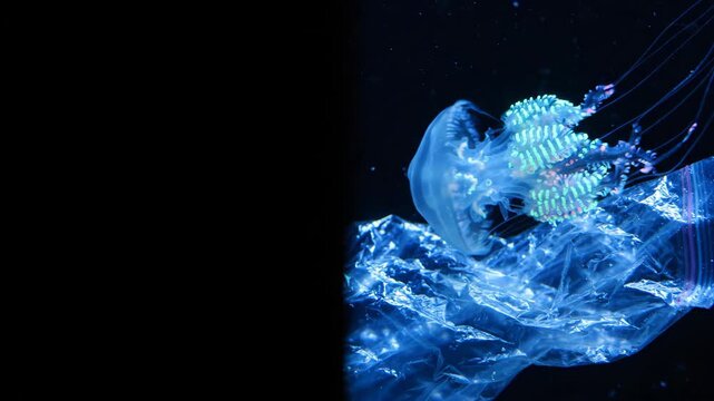 Glowing jellyfish swimming near plastic bag in dark water. Marine pollution concept with aquatic animal encountering synthetic waste material in deep ocean habitat