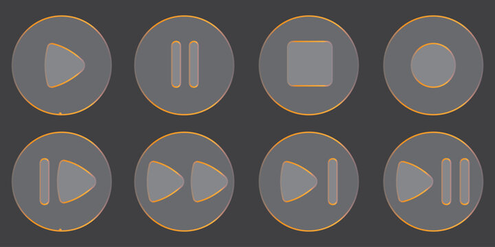 Media player and video control button set with glassmorphism style. Isolated vector illustration of play, pause, stop, and rewind icons for web and mobile app interface design.