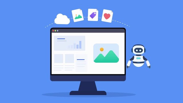 Animated AI content interface featuring image media, cloud elements, digital files, and a virtual assistant in a modern technology concept.