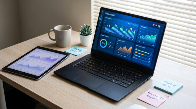 Modern workspace with laptop displaying business dashboard, tablet, coffee cup, succulent plant, and sticky notes