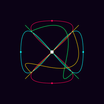Abstract scientific representation of quantum string loop theory with colorful intersecting lines on dark background illustration