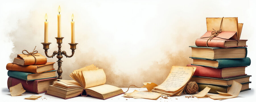 Stack of old books, letters near brass candelabra with burning candles. Vintage paper, tied scrolls sit on white surface, evoking past correspondence, knowledge. Open book pages await stories. Aged