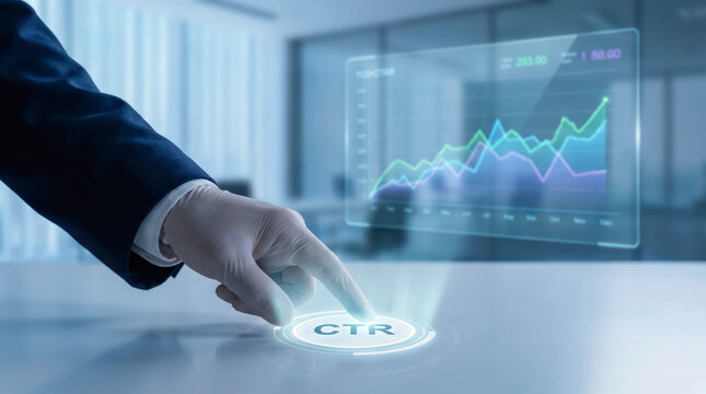 Businessman pressing a virtual button with the acronym ctr on a digital interface with a stock market graph in the background