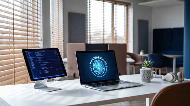 Modern office workspace with a laptop displaying an ai innovation hub logo and a tablet showing programming code
