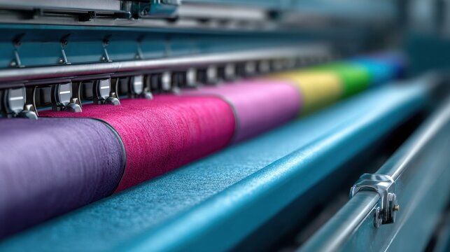 Advanced Digital Textile Printing Technology Showcasing Vibrant Colored Rolls in a Modern Production Environment for Creative Materials