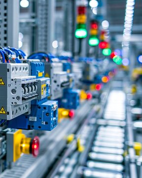 Medium shot of industrial motor control panels managing conveyor belt operations with visible contactors and overload relays in a factory setting.