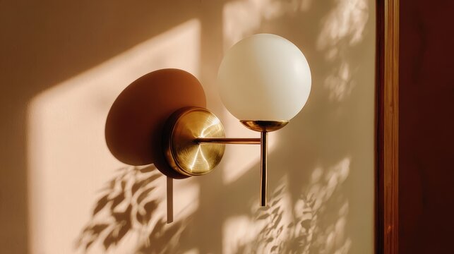 Modern brass wall lamp with a spherical glass shade is mounted on a light wall.