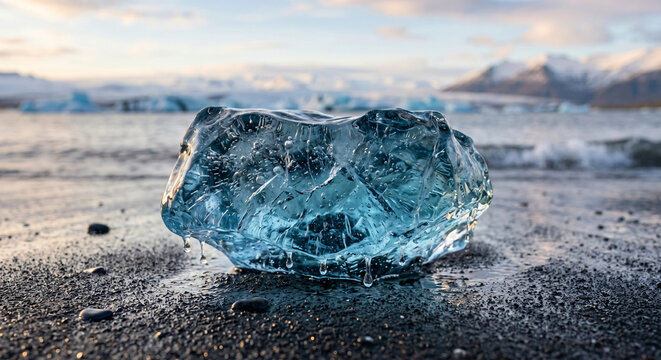 Crystal Clear Glacial Ice Block Melting on Volcanic Black Sand Beach