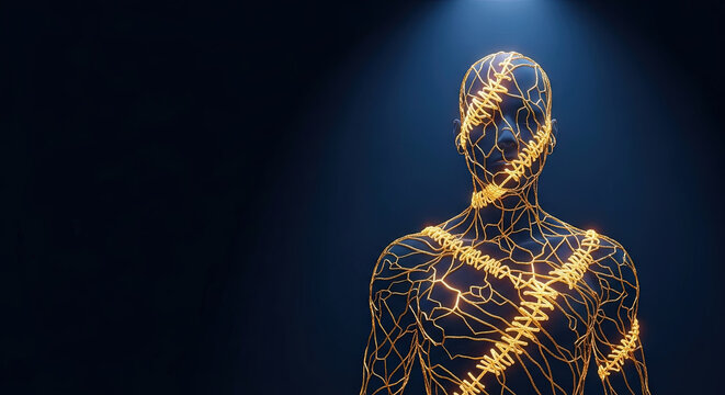 Neural Network Human Silhouette with Glowing Brain Connections for Multiple Sclerosis Awareness Campaigns, Medical Education Posters, and Health Awareness Blogs digital illustration