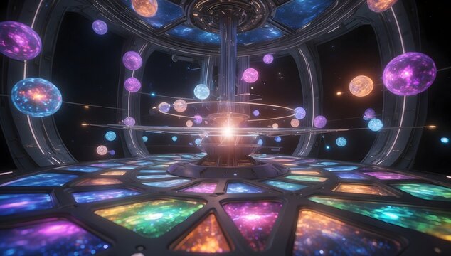 Create an ultra-realistic gravity cathedral in orbit where levitating circuit orbs synchronize plasma harmonics around a singularity core while stained-glass nebula panels glow with cosmic radiation