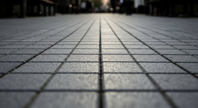 Low angle perspective of grey cobblestone street pavement.