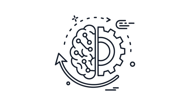 A line art illustration of a brain and gear combined with circuit board and cogs elements and an arrow
