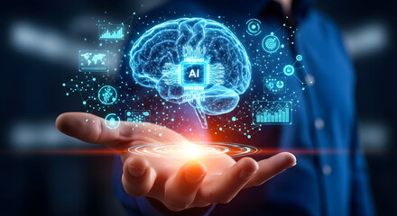 Fototapeta premium Futuristic Artificial Intelligence Concept with a glowing digital brain and AI chip held in a human hand for technology and business presentations.