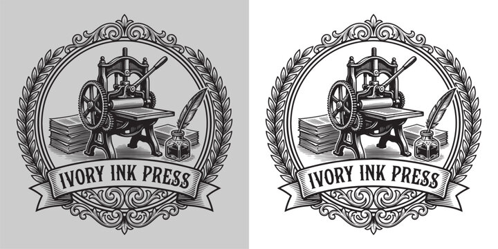 Ivory Ink Press classic printing press logo with quill pen and ink bottle