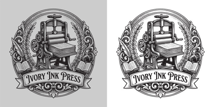 Ivory Ink Press vintage printing press emblem with open books and quill