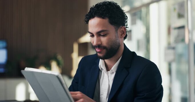 Thinking, tablet and businessman in office with research for finance report with budget planning. Ideas, digital technology and financial manager with decision on investment proposal in workplace.