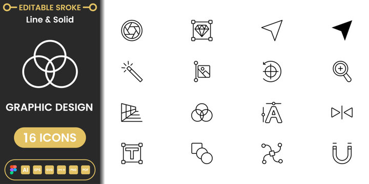 Modern graphic design icon pack featuring typography, vector editing and creative software symbols clean vector set