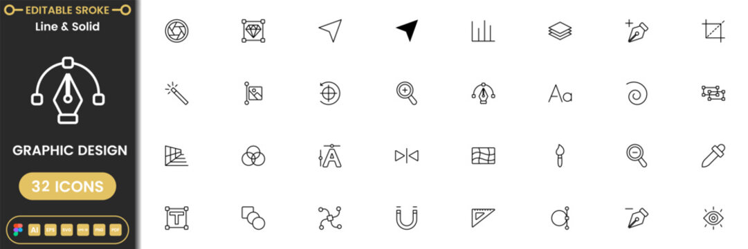 Graphic design icon set with editing tools, typography, vector and creative software symbols modern outline collection