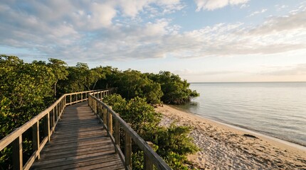 Obraz premium Scenic Wooden Boardwalk Along the Coastline of a Mangrove Forest