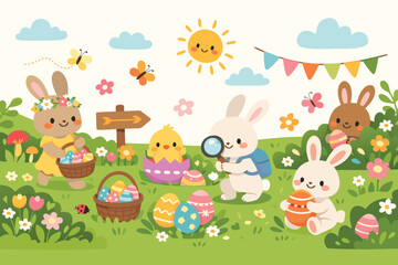 Naklejka premium Cute Easter Egg Hunt Vector Illustration with Adorable Bunnies, Colorful Decorated Eggs, Baskets, a Chick, and Spring Flowers in a Meadow. Kawaii Style Cartoon for Kids and Holiday Invitations.