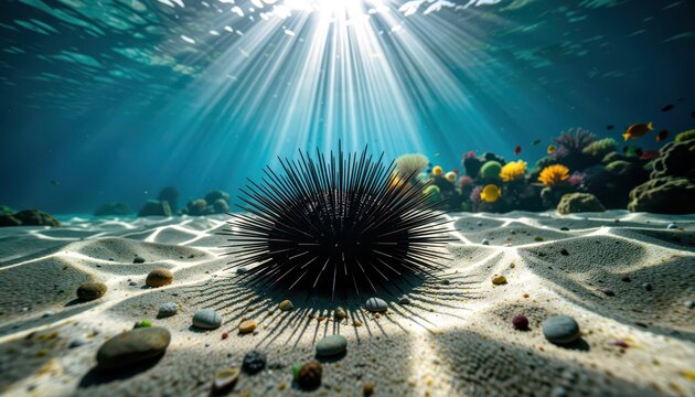 Sea Urchin Resting on Sandy Ocean Floor with Sun Rays