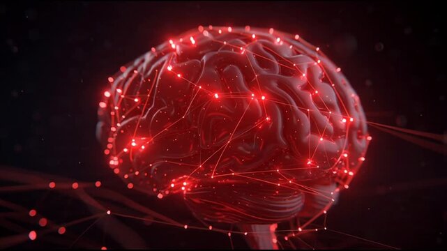 Glowing red brain with neural connections.